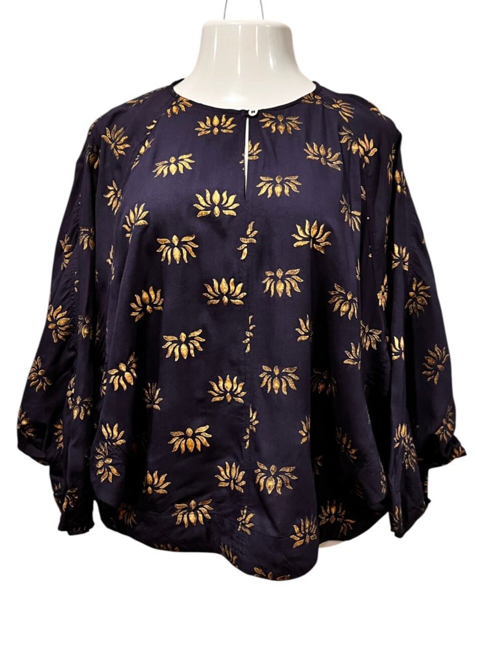 Asha Lotus Foil Print Blouse, Navy Gold, M